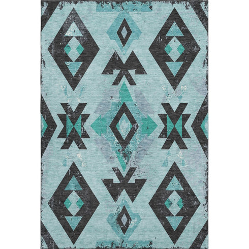 8' X 10' Teal And Charcoal Southwestern Washable Area Rug With UV Protection