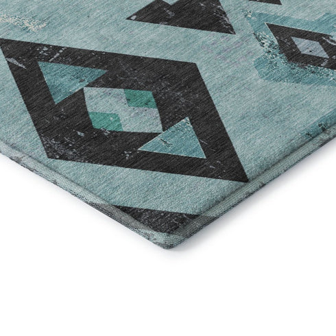 8' X 10' Teal And Charcoal Southwestern Washable Area Rug With UV Protection