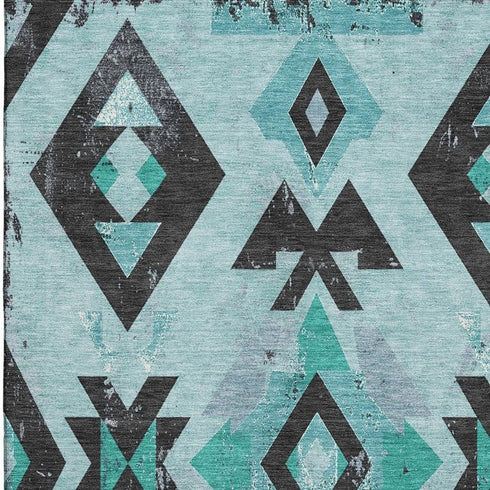 8' X 10' Teal And Charcoal Southwestern Washable Area Rug With UV Protection