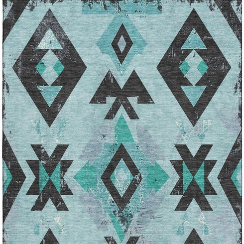 8' X 10' Teal And Charcoal Southwestern Washable Area Rug With UV Protection