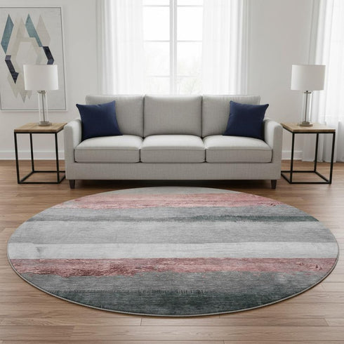8' Blush And Gray Striped Washable Round Rug With UV Protection
