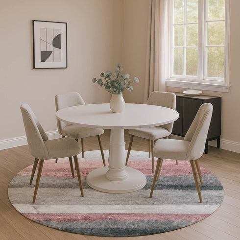 8' Blush And Gray Striped Washable Round Rug With UV Protection