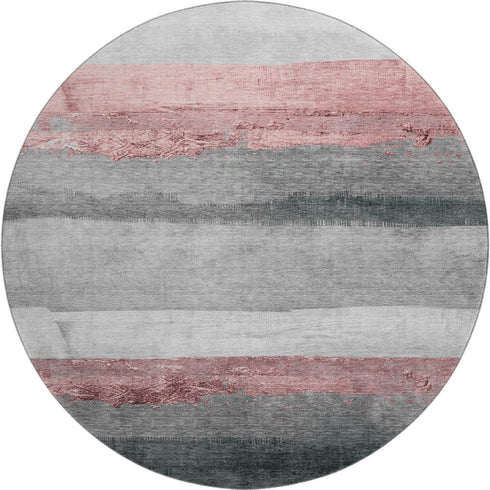8' Blush And Gray Striped Washable Round Rug With UV Protection
