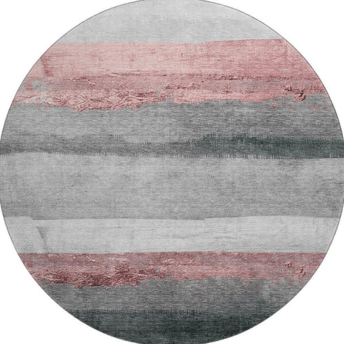 8' Blush And Gray Striped Washable Round Rug With UV Protection