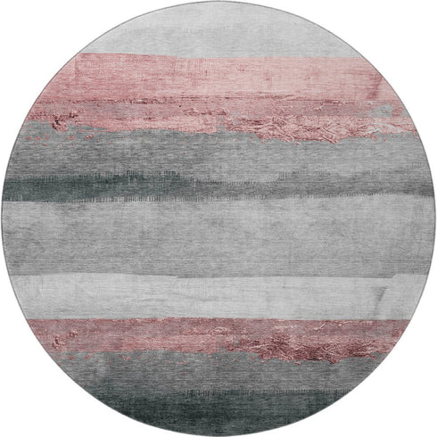 8' Blush And Gray Striped Washable Round Rug With UV Protection
