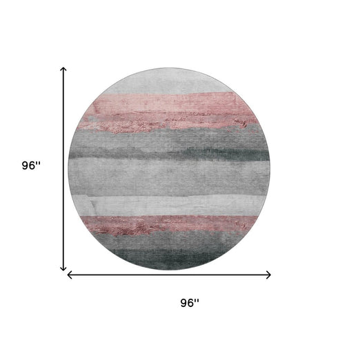 8' Blush And Gray Striped Washable Round Rug With UV Protection