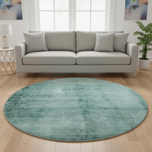8' Teal And Aqua Abstract Washable Round Rug With UV Protection