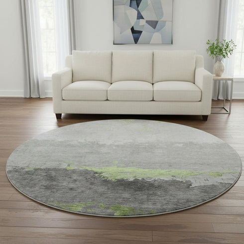 8' Artichoke Green And Gray Abstract Washable Round Rug With UV Protection