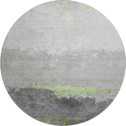 8' Artichoke Green And Gray Abstract Washable Round Rug With UV Protection