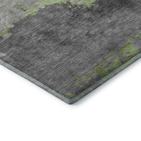 8' Artichoke Green And Gray Abstract Washable Round Rug With UV Protection
