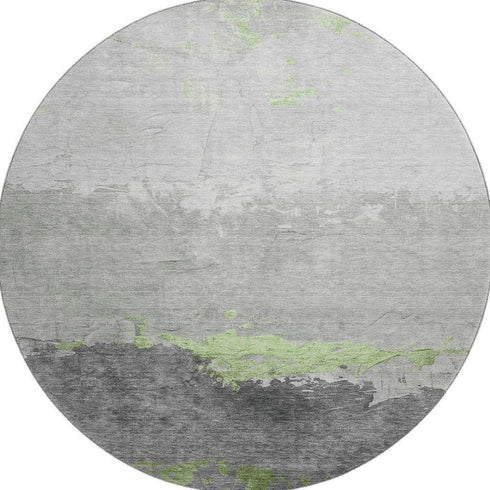 8' Artichoke Green And Gray Abstract Washable Round Rug With UV Protection