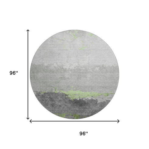 8' Artichoke Green And Gray Abstract Washable Round Rug With UV Protection