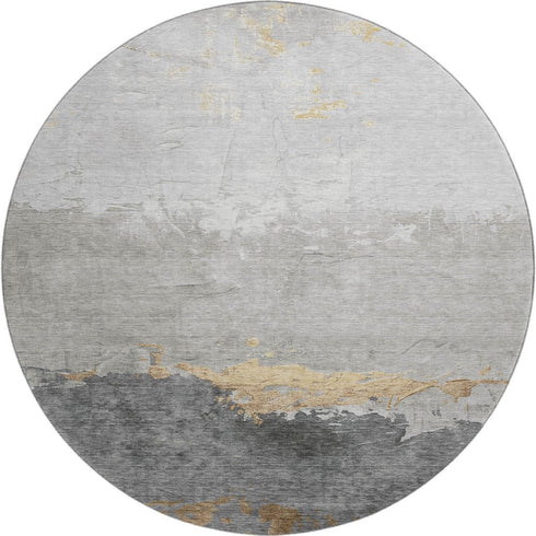 8' Gold And Gray Abstract Washable Round Rug With UV Protection