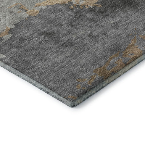 8' Gold And Gray Abstract Washable Round Rug With UV Protection