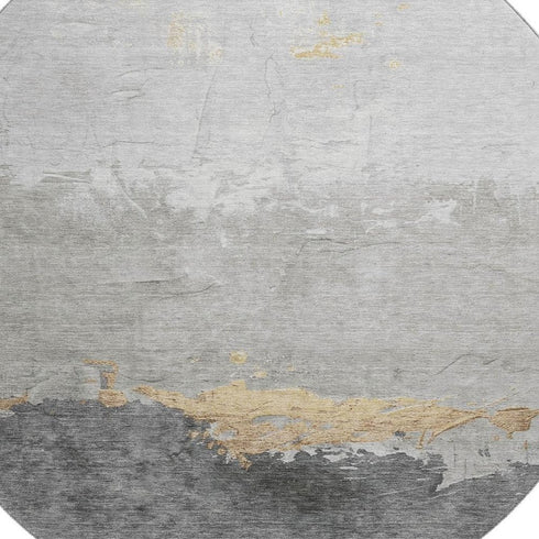 8' Gold And Gray Abstract Washable Round Rug With UV Protection