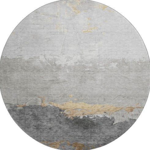8' Gold And Gray Abstract Washable Round Rug With UV Protection