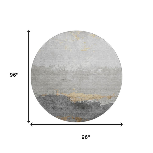 8' Gold And Gray Abstract Washable Round Rug With UV Protection