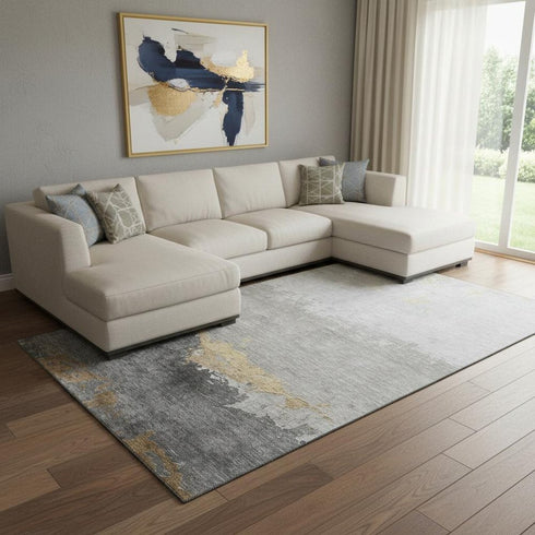 8' X 10' Gold And Gray Abstract Washable Area Rug With UV Protection