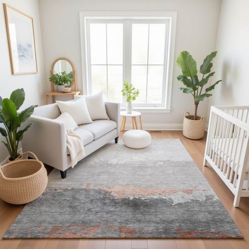 8' X 10' Salmon And Gray Abstract Washable Area Rug With UV Protection