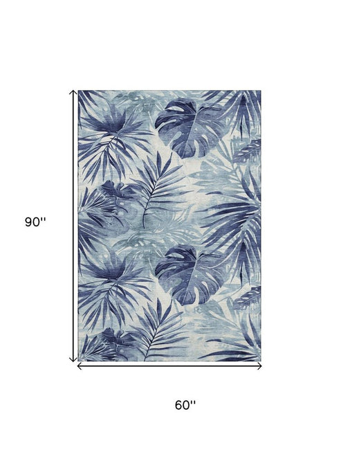5' X 8' Blue And Ivory Floral Washable Area Rug With UV Protection