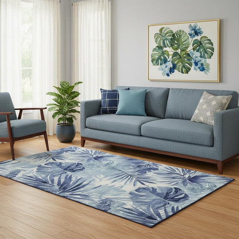 5' X 8' Blue And Ivory Floral Washable Area Rug With UV Protection