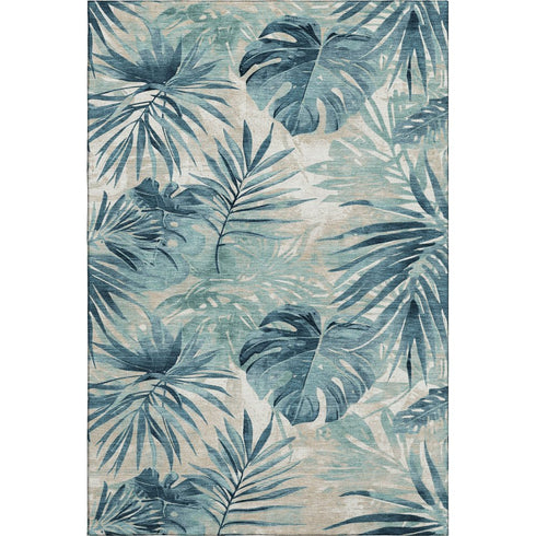 5' X 8' Teal And Ivory Floral Washable Area Rug With UV Protection