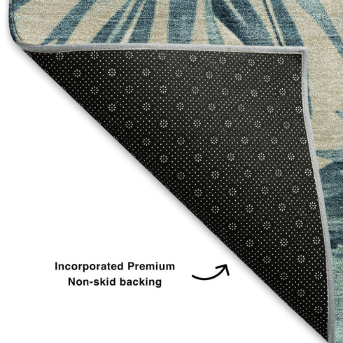 5' X 8' Teal And Ivory Floral Washable Area Rug With UV Protection