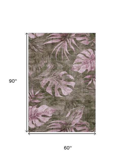 5' X 8' Brown And Pink Floral Washable Area Rug With UV Protection