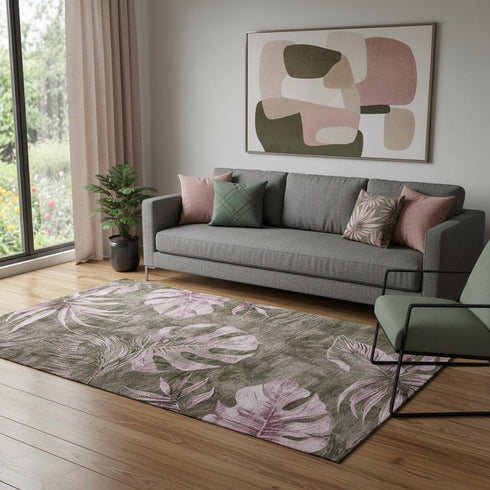 5' X 8' Brown And Pink Floral Washable Area Rug With UV Protection