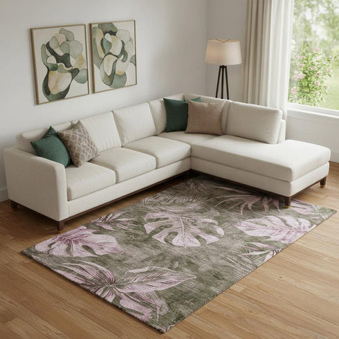 9' X 12' Brown And Pink Floral Washable Area Rug With UV Protection