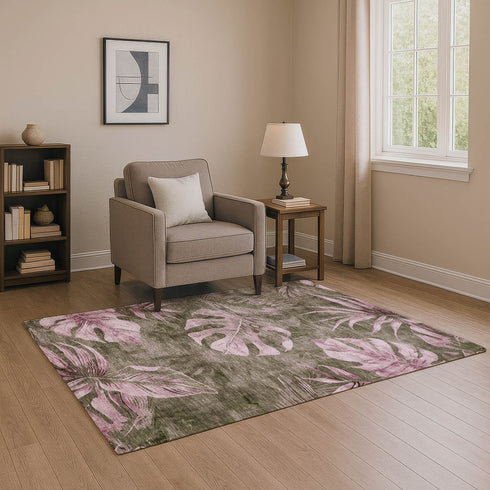 9' X 12' Brown And Pink Floral Washable Area Rug With UV Protection