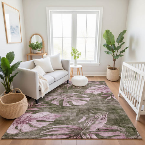 9' X 12' Brown And Pink Floral Washable Area Rug With UV Protection
