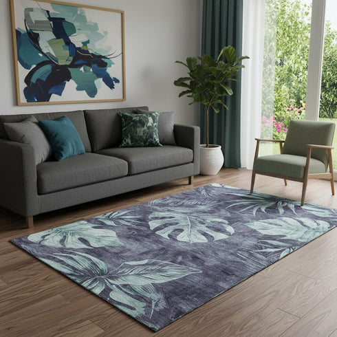 5' X 8' Blue And Green Floral Washable Area Rug With UV Protection