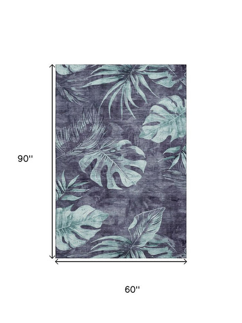 5' X 8' Blue And Green Floral Washable Area Rug With UV Protection