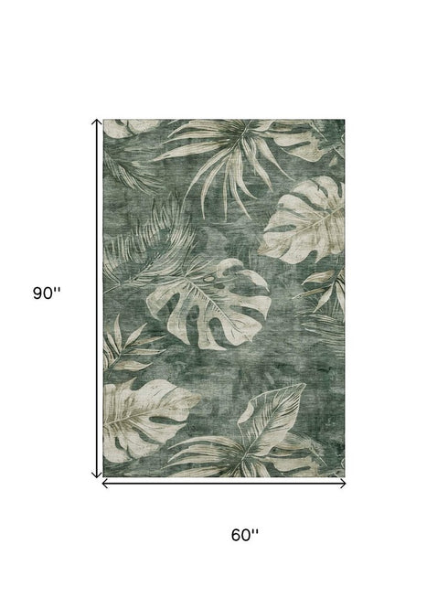 5' X 8' Fern Green And Sage Floral Washable Area Rug With UV Protection