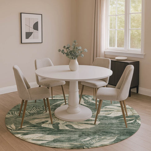 8' Fern Green And Sage Floral Washable Round Rug With UV Protection