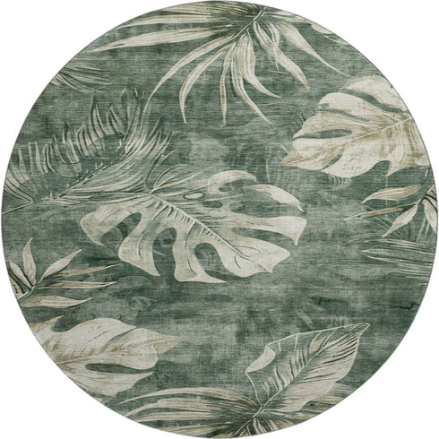 8' Fern Green And Sage Floral Washable Round Rug With UV Protection