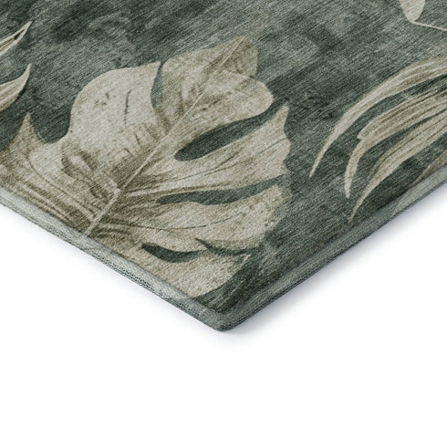 8' Fern Green And Sage Floral Washable Round Rug With UV Protection
