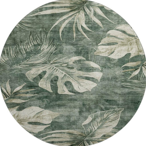 8' Fern Green And Sage Floral Washable Round Rug With UV Protection