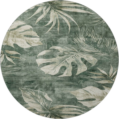 8' Fern Green And Sage Floral Washable Round Rug With UV Protection