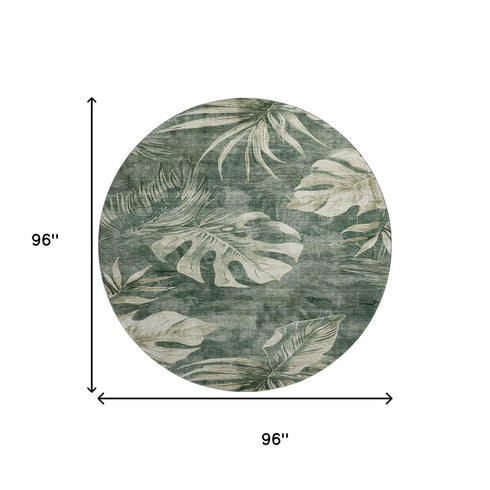 8' Fern Green And Sage Floral Washable Round Rug With UV Protection