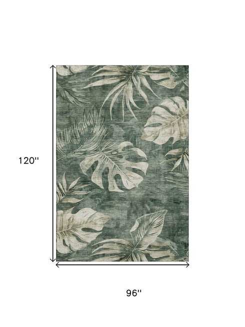 8' X 10' Fern Green And Sage Floral Washable Area Rug With UV Protection