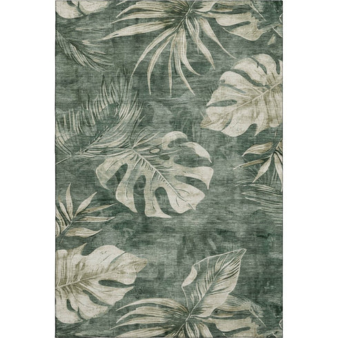 8' X 10' Fern Green And Sage Floral Washable Area Rug With UV Protection