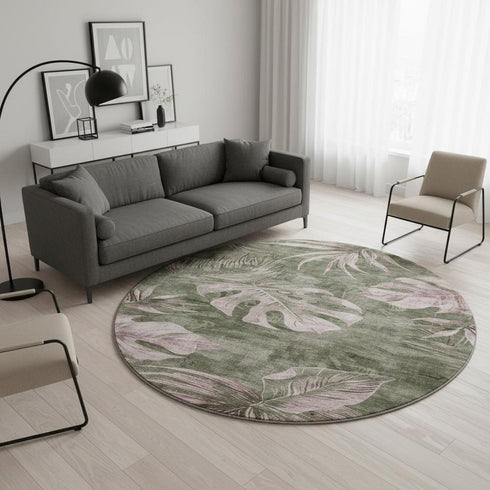 8' Olive Green And Blush Floral Washable Round Rug With UV Protection