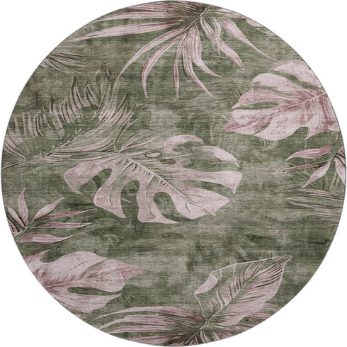 8' Olive Green And Blush Floral Washable Round Rug With UV Protection