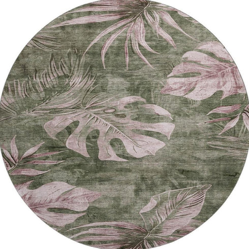 8' Olive Green And Blush Floral Washable Round Rug With UV Protection
