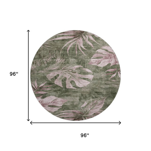 8' Olive Green And Blush Floral Washable Round Rug With UV Protection