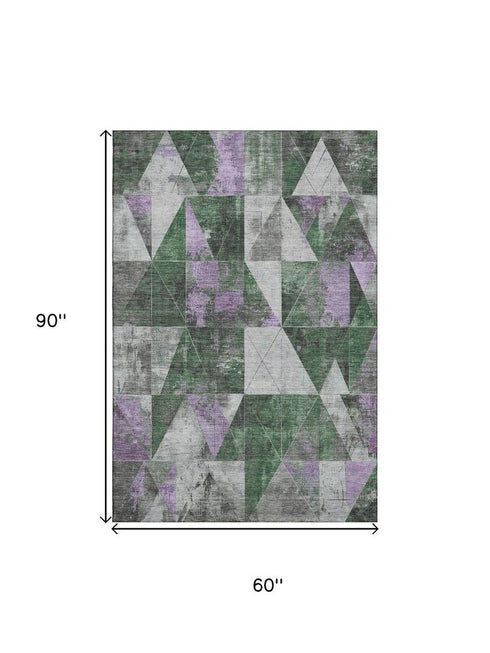 5' X 8' Emerald And Purple Geometric Washable Area Rug With UV Protection