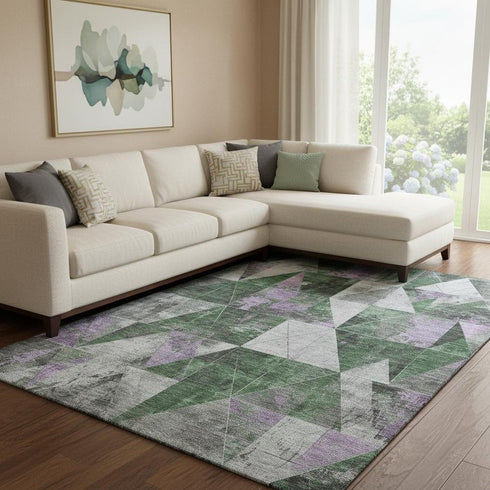 8' X 10' Emerald And Purple Geometric Washable Area Rug With UV Protection
