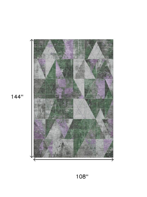 9' X 12' Emerald And Purple Geometric Washable Area Rug With UV Protection